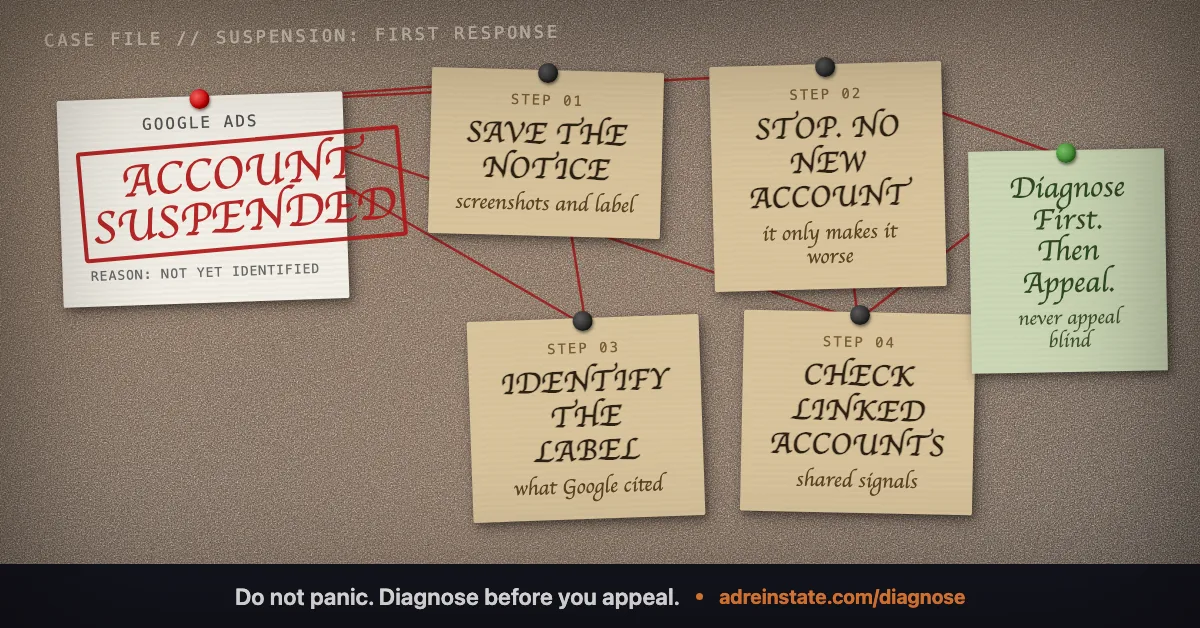 Evidence board showing the first steps after a Google Ads account suspension: save the notice, avoid creating a new account, identify the policy label, and check linked accounts before appealing.