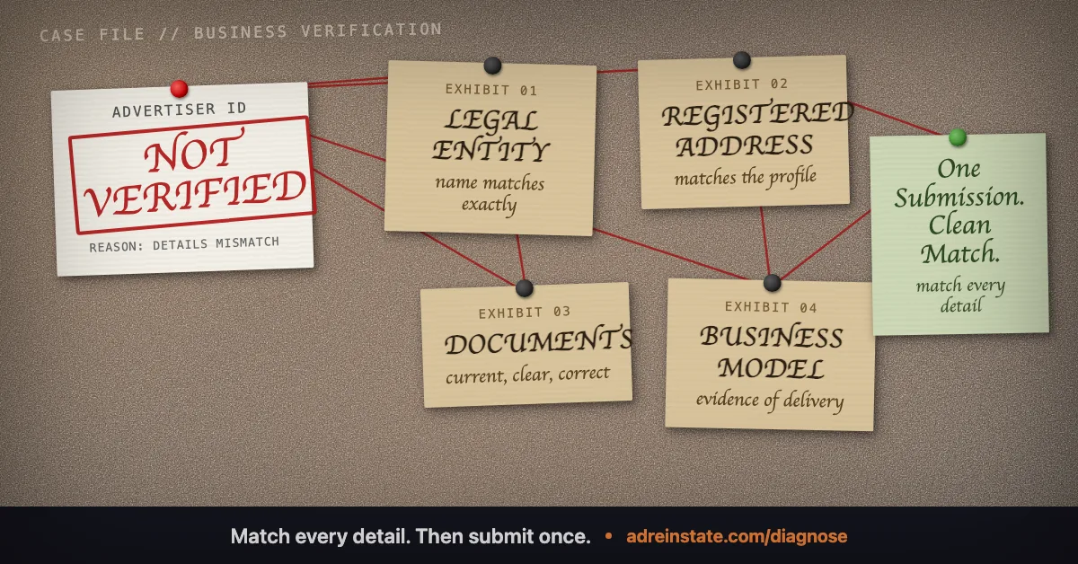 Evidence board for Google Ads advertiser verification showing matching legal name, business address, document scans, payments profile, and one clean submission.