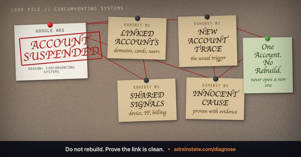 Evidence board for a Google Ads Circumventing Systems suspension showing crawler parity, redirect mapping, linked account checks, cache cleanup, and one appeal on the existing account.