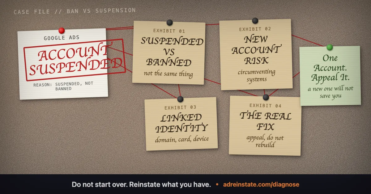 Cork evidence board comparing a Google Ads ban and suspension with tags for suspended versus banned, new account risk, linked identity, and the real fix.