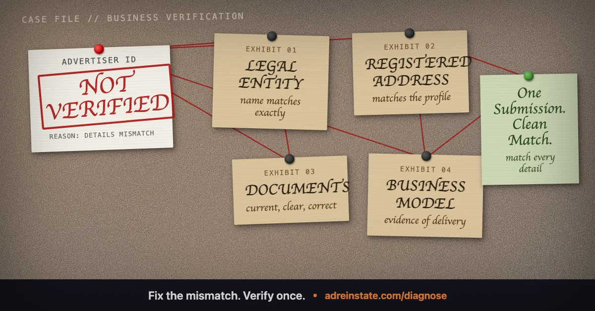 Cork board stamped Not Verified for Google Ads business verification, connecting legal entity, registered address, documents, and business model to one clean submission.