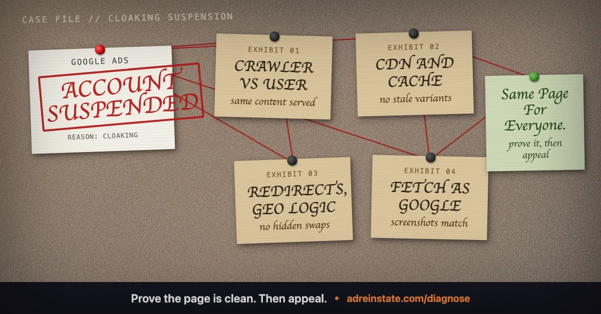 Cork evidence board stamped Account Suspended for Google Ads cloaking, linking crawler versus user content, CDN cache, redirects, geo logic, and fetch as Google checks.