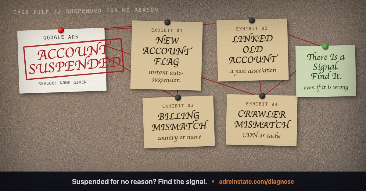 Cork evidence board stamped Account Suspended with reason none given, linking false-positive triggers including a new account flag, linked old account, billing mismatch, and crawler mismatch.