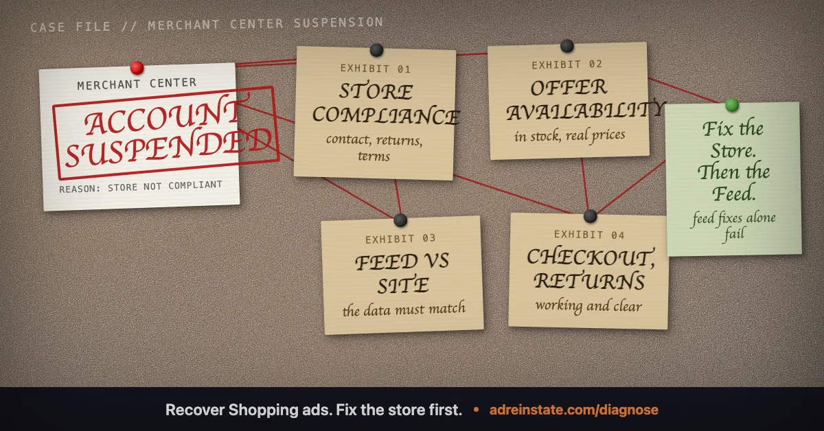 Cork evidence board for a Google Merchant Center suspension showing store compliance, offer availability, feed versus site data, checkout and returns, and fixing the store before the feed.
