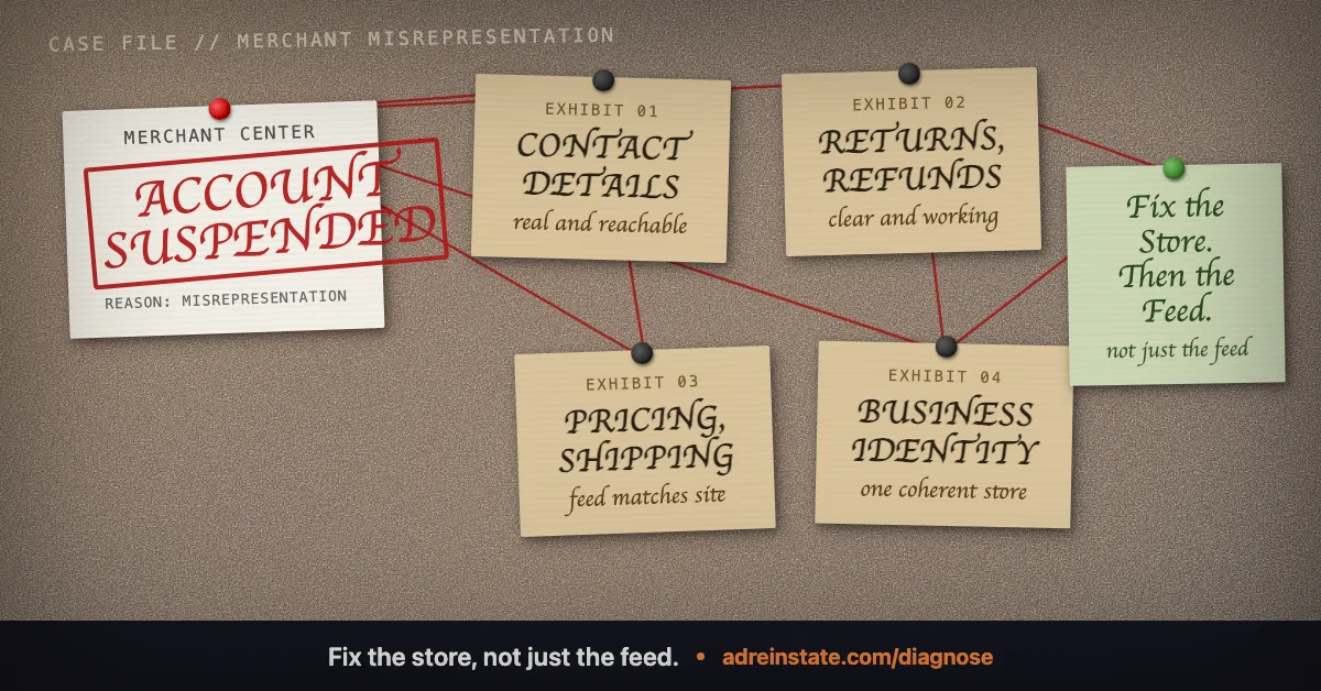 Evidence board for Merchant Center Misrepresentation showing store identity, feed match, shipping and returns, checkout proof, and fixing the store before the feed appeal.