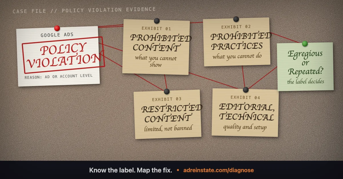Evidence board for Google Ads policy violations showing how to classify the label, separate egregious from repeated issues, map the audit, and fix before appeal.