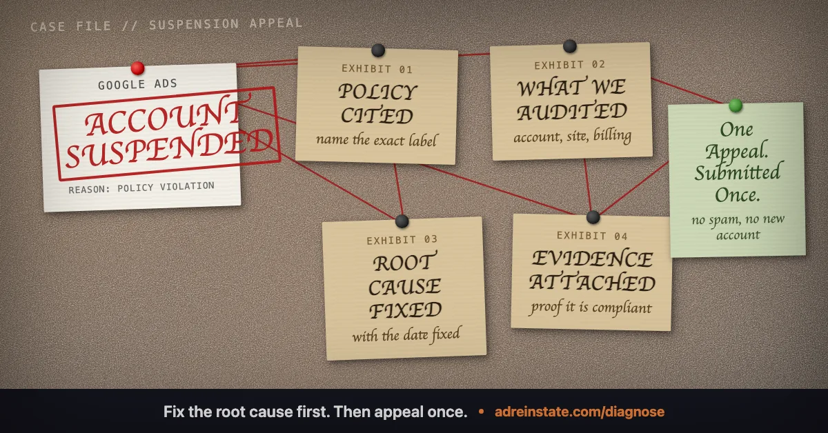 Evidence board showing the correct Google Ads suspension appeal process: identify the policy cited, audit the account, fix the root cause, attach proof, and submit one appeal.