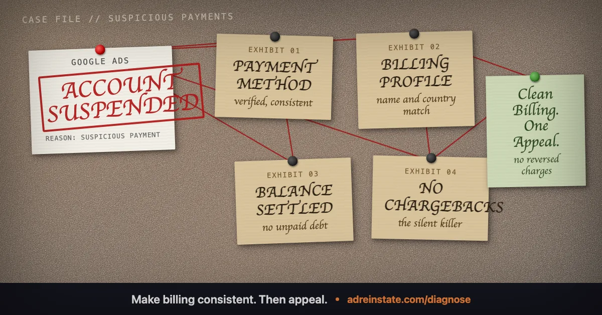 Evidence board for a Google Ads suspicious payment suspension showing clean billing profile, settled balance, verified card ownership, matching country details, and one appeal.